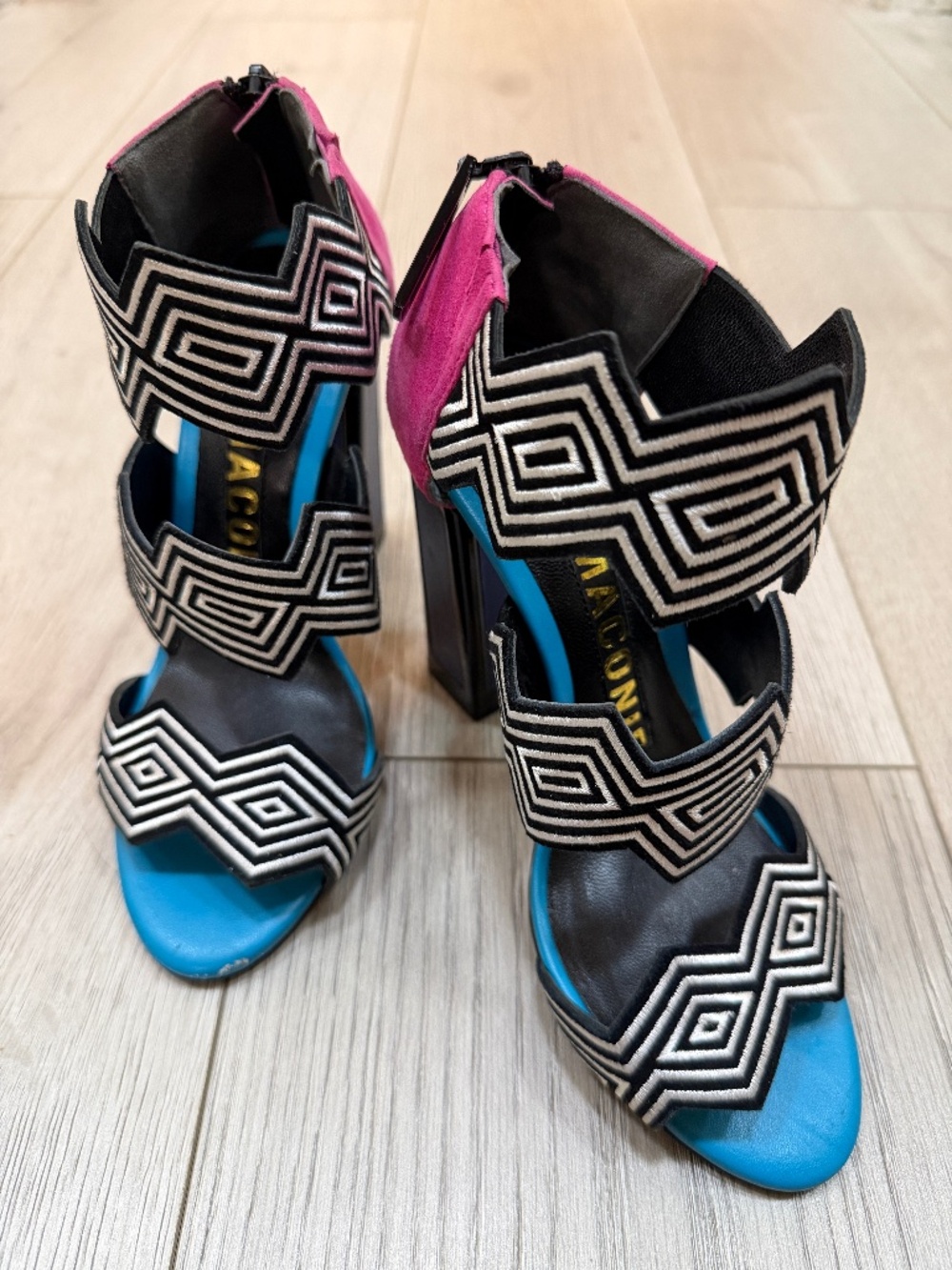 Kat Maconie London Geometric block Heel Sandals Black Pink Blue Shoes